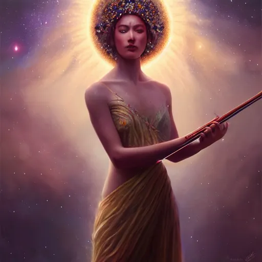 Image similar to a high quality life like portrait of a very very beautiful! celestial goddess of life playing a mysterious violin and springing life into the universe, highly detailed, intricate, sharp focus, fantasy, cinematic lighting, dreamlike, exotic, mystery, realistic, trending on artstation, fantasy, by WLOP and greg rutkowski