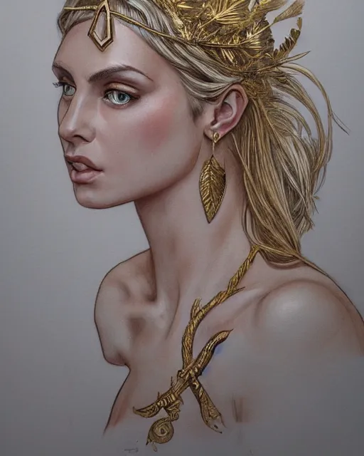 Image similar to front view of beautiful aphrodite greek goddess wearing a gold laurel wreath and triangle earrings, realism tattoo sketch, beautiful piercing eyes with sharp pupils, beautiful blonde hair, in the style of greg rutkowski, fantasy, amazing detail, epic, elegant, smooth, sharp focus, super model