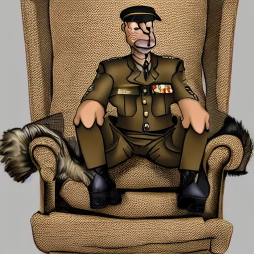 Image similar to a german shepherd beast - man, wearing military outfit, sitting on an armchair