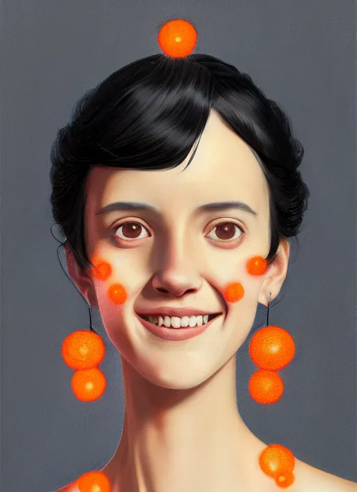 Image similar to portrait of high school girl, realistic, black hair, bangs, half updo hairstyle, pointy nose, skinny, smile, ugly, defined jawline, big chin, orange hair bow, earrings, intricate, elegant, glowing lights, highly detailed, digital painting, artstation, sharp focus, illustration, art by wlop, mars ravelo and greg rutkowski