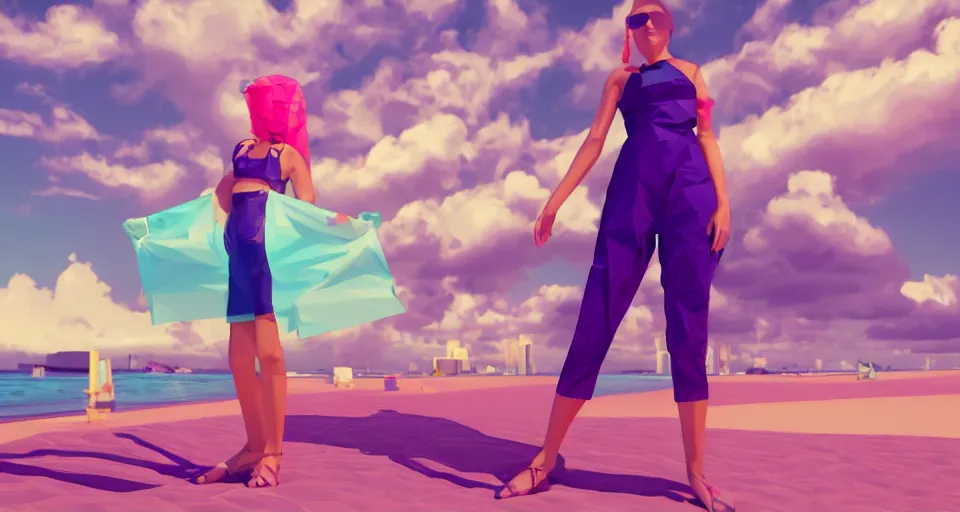 Image similar to fullbody vaporwave art of a fashionable mummy girl at a beach, early 90s cg, 3d render, 80s outrun, low poly, from Hotline Miami
