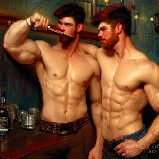 Image similar to attractive muscular male with red hair and muscular attractive male with black hair, drinking their hearts out, in a pub. very defined and highly detailed painting by gaston bussiere, j. c. leyendecker, craig mullins 8 k