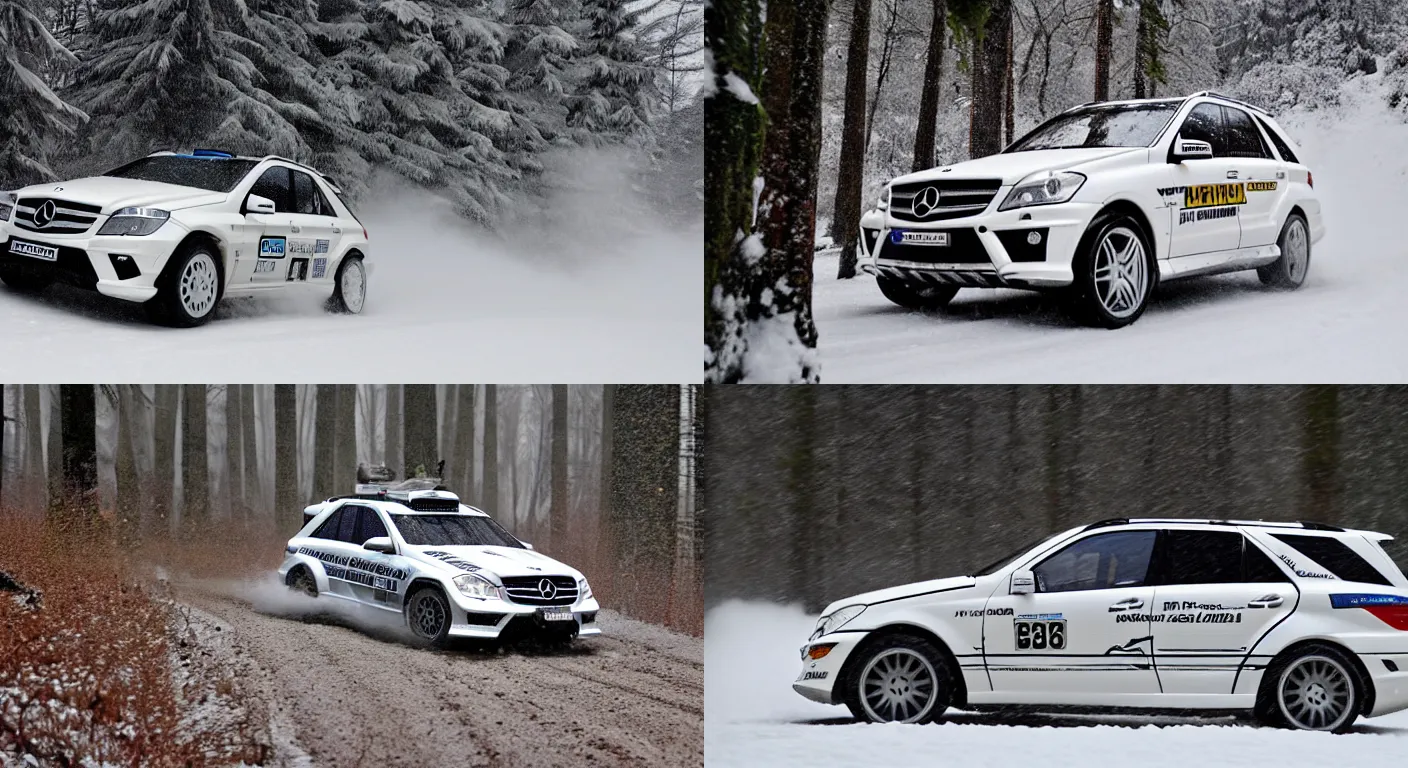 Prompt: a 2 0 0 9 mercedes - benz ml 6 3 amg, racing through a rally stage in a snowy forest