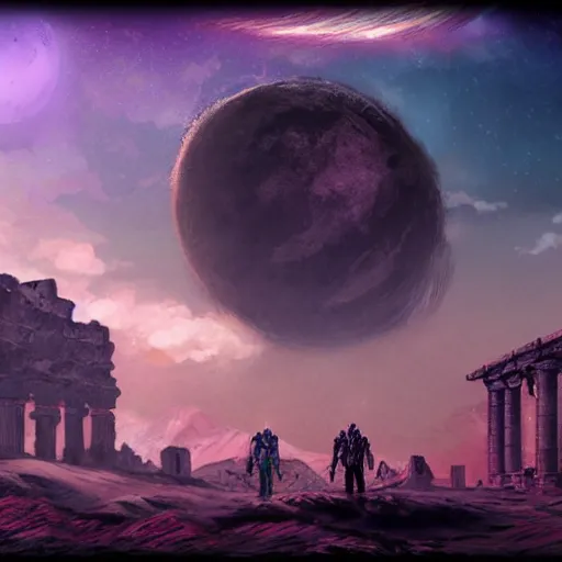 Image similar to ancient ruins on the moon, retrowave epic art, trending on art station