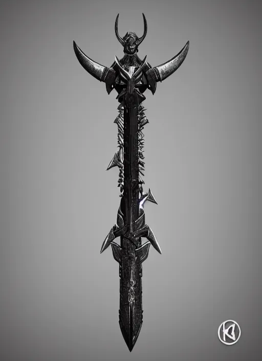 Image similar to a black great sword skull crest, orthographic, ornament, weapon, a 3 d render by dom qwek, front side full, trending on polycount, artstation, hard surface modeling, rendered in maya, zbrush, blender, hd, vray, berserk, symmetry