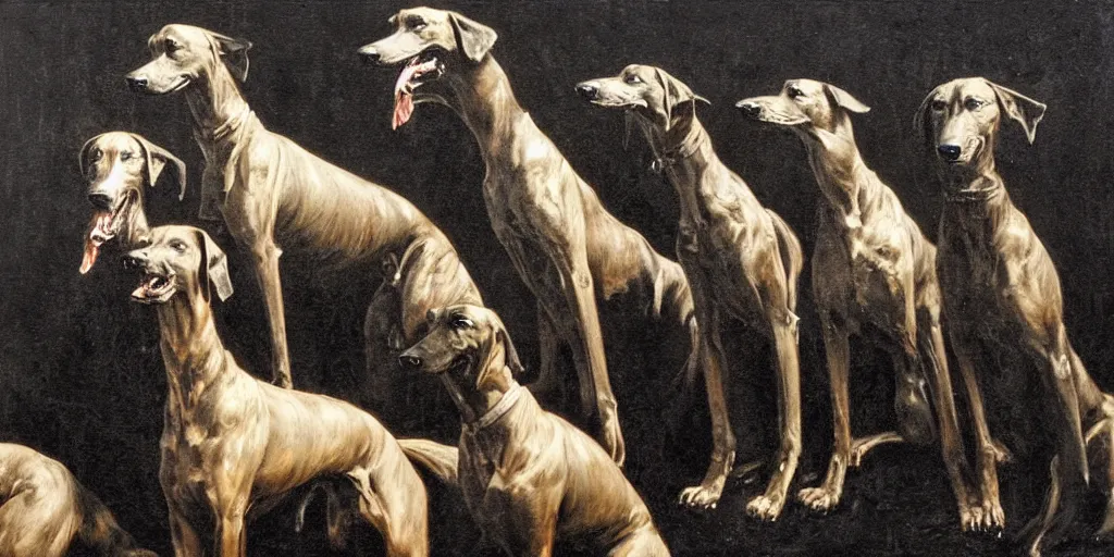 Prompt: a pack of black greyhounds, by nicola samori and phil hale