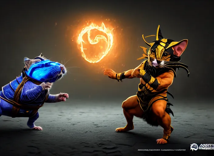 Image similar to hamster dressed as sub zero fights a cat dressed as scorpion in mortal kombat on the background of a laughing shao khan. fantasy magic style. highly detailed 8 k. intricate. lifelike. soft light. sony a 7 r iv 5 5 mm. unreal engine with nanite and path tracing