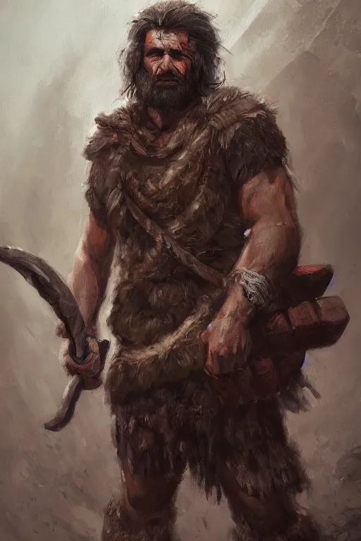 Image similar to a full body fantasy portrait oil painting illustration of a single rugged stoic barbarian man by Justin Sweet with face and body clearly visible, d&d, rpg, forgotten realms, artstation trending, high quality, sombre mood, artstation trending, muted colours, no crop, entire character,