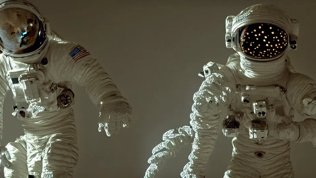 Image similar to a single astronaut eva suit covered in diamond 3d fractal lace iridescent bubble 3d skin and covered with insectoid compound eye camera lenses floats through the living room, film still from the movie directed by Denis Villeneuve with art direction by Salvador Dalí, wide lens,