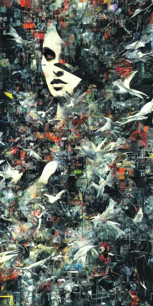 Prompt: a daydreaming hacker under progressive rasterization is surrounded by digital birds, neon virtual networks, and information visualization, oil on canvas by dave mckean and yoji shinkawa