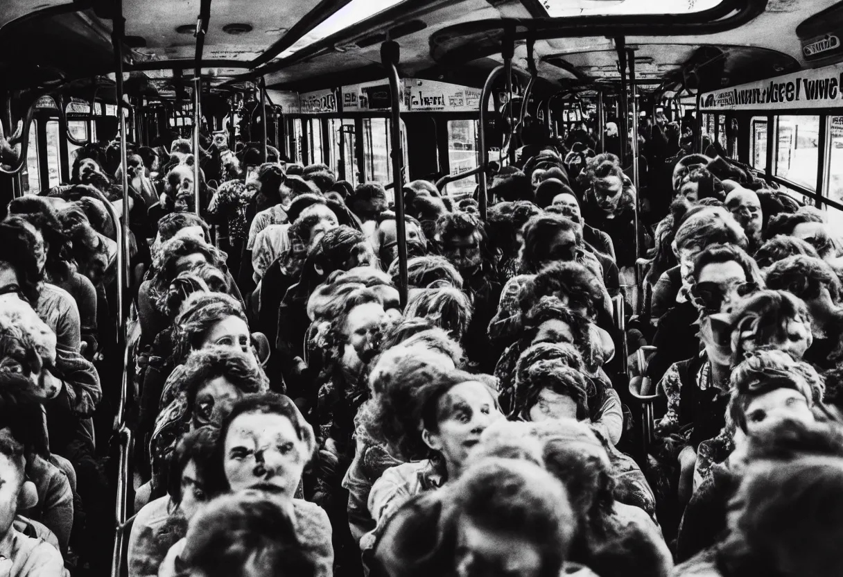 Image similar to 1 6 mm lens photo of a interior of a crowded bus in a moment of terror, there is a huge monster octopus trying to break in, octopus beak can be seen, arms creeping in thrugh the windows, people are scared and screaming while trying to flee through the windows and doors,