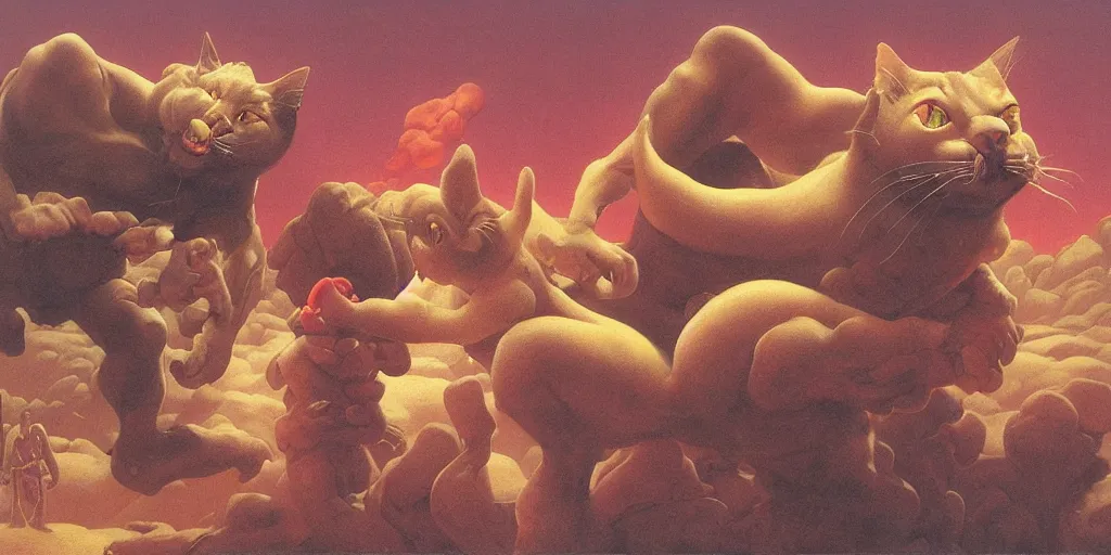 Prompt: extremely muscled kitty cat scolding a frightened muscled mouse for eating all the delicious cheese, Richard Corben, Mark Arian, Wayne Barlowe, Julie Bell, Zdzisław Beksiński, Ed Binkley, Mark Brooks, Jean Delville, Larry Elmore, Frank Frazetta, Greg Hildebrandt, Tim Hildebrandt, Alex Horley, Ralph Horsley, Peter Andrew Jones, Eddie Mendoza, Earl Norem, Greg Rutkowski, Michael Whelan, Artgerm