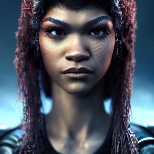 Prompt: zendaya portrait, dystopia core, apocalyptic, armor, warrior, dramatic, sharp focus, fiction, neon, fantasy, hyper detailed, digital art, trending in artstation, cinematic lighting, studio quality, smooth render, unreal engine 5 rendered, octane rendered, art style and nixeu and wlop and krenz cushart
