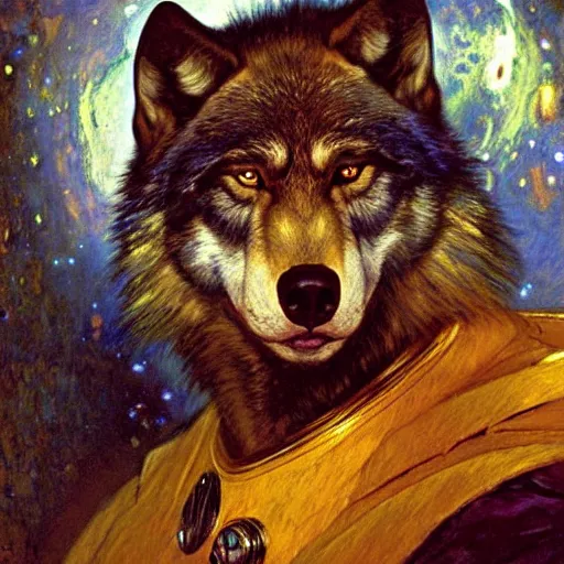 Image similar to a portrait of a wolf dogman canine star trek chief engineer. highly detailed painting by gaston bussiere craig mullins jc leyendecker gustav klimt artgerm greg rutkowski alphonse mucha furry