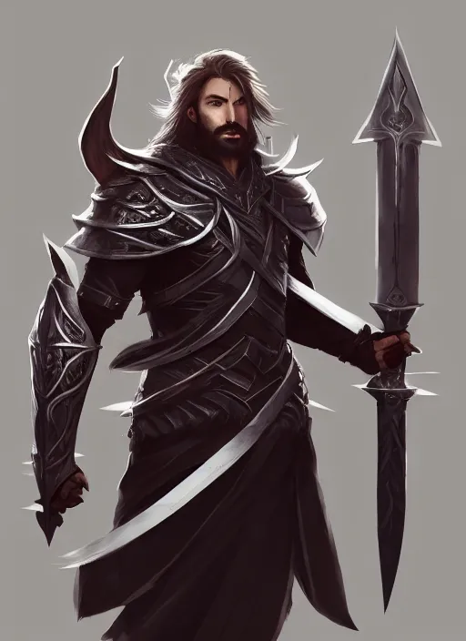 Image similar to Half-body portrait of a handsome elven knight with black facial hair. Swords are levitating beside him. In style of Hyung-tae Kim and Greg Rutkowski, concept art, trending on ArtStation, Korean MMORPG, over-detailed art, 8K, epic, dynamic lightning, dramatic pose.