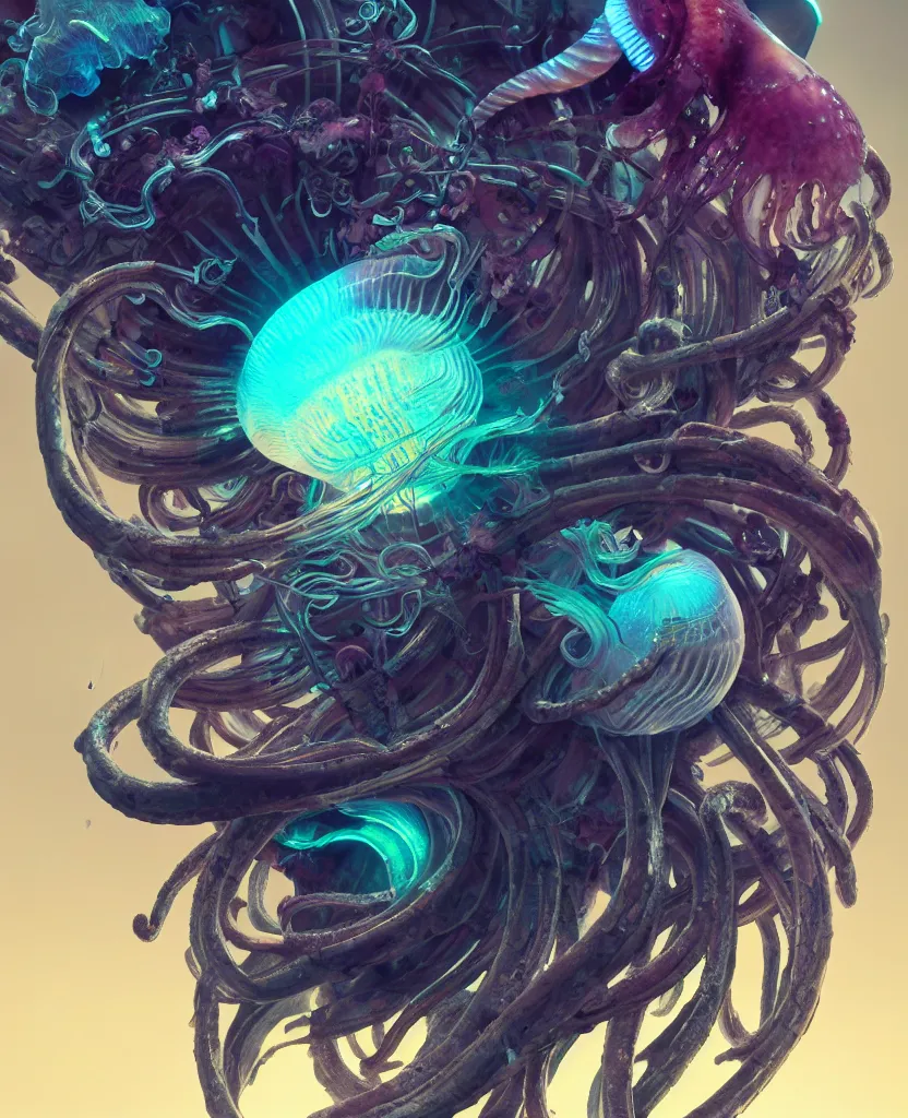 Image similar to goddess close-up portrait ram skull. jellyfish phoenix head, nautilus, orchid, skull, betta fish, bioluminiscent creatures, intricate artwork by Tooth Wu and wlop and beeple. octane render, trending on artstation, greg rutkowski very coherent symmetrical artwork. cinematic, hyper realism, high detail, octane render, 8k