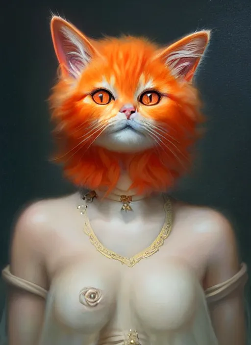 Image similar to a beautiful orange fluffy cat with baroque dress, painted by artgerm and tom bagshaw, fantasy art, dramatic lighting, highly detailed oil painting