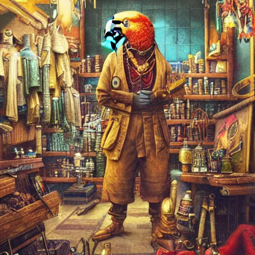 Prompt: A Anthropomorphized parrot trader in his shop, selling his wares, portrait, items, gold, carpet, window, sly expression, cunning expression, D&D, fantasy, intricate, cinematic lighting, highly detailed, digital painting, artstation, concept art, smooth, sharp focus, illustration, art by Akihiko Yoshida, Greg Rutkowski and Alphonse Mucha