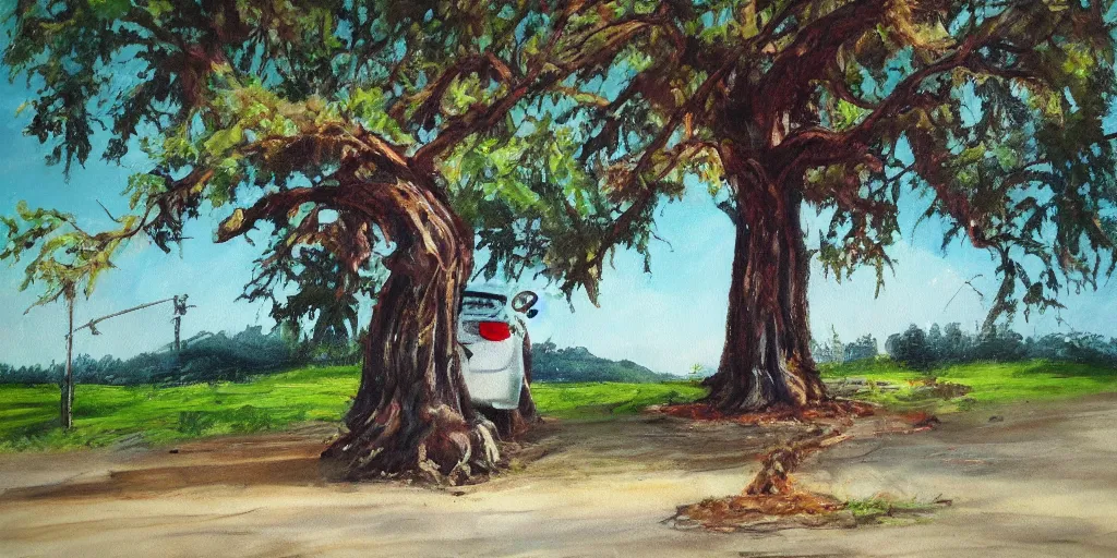 Prompt: painting of a tree fused with a car