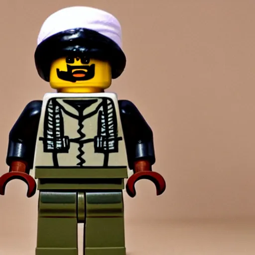Prompt: lego set of osama bin laden wearing a white turban holding an rpg in afghanistan desert