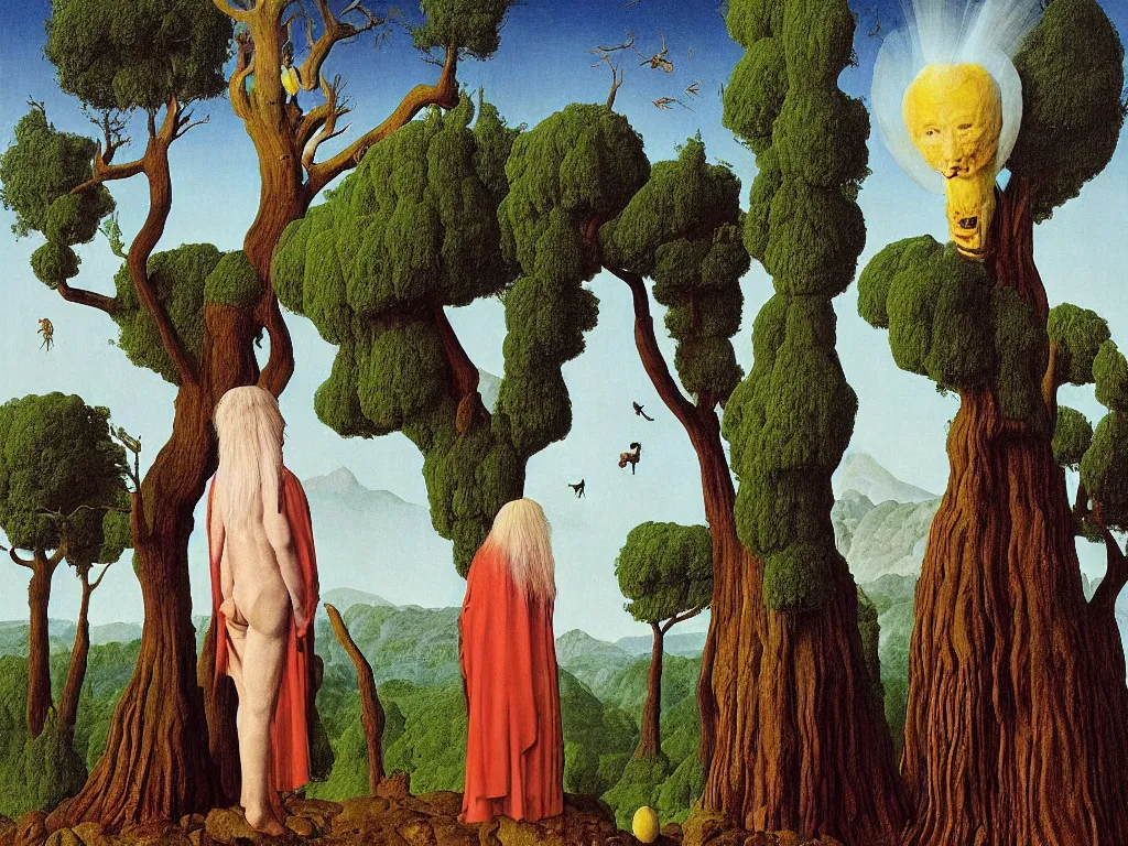 Image similar to albino mystic, with his back turned, with wild exotic Cabezon looking at a giant Sequoia forest in the distance. Painting by Jan van Eyck, Audubon, Rene Magritte, Agnes Pelton, Max Ernst, Walton Ford