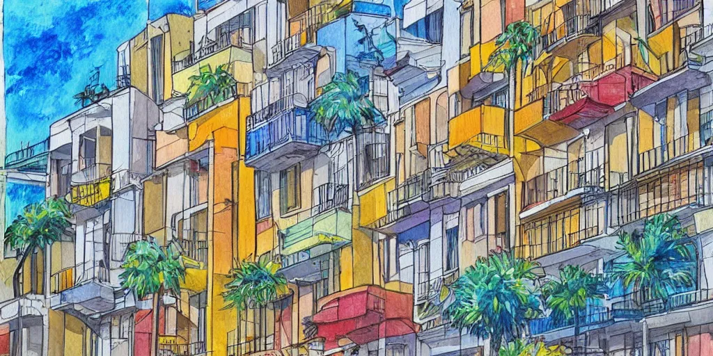 Prompt: painting. bauhaus style. buildings with balconies. junction in dizingof center in tel aviv. highly detailed. pen drawing painted with watercolors. colorful. low buildings. palm trees. fluffy