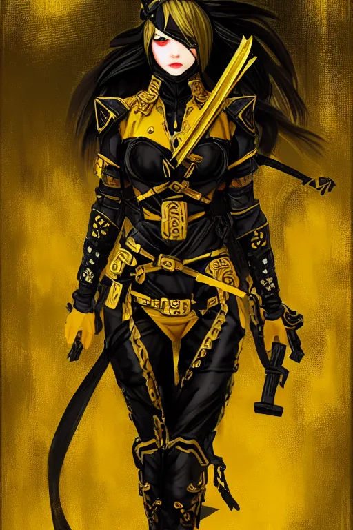 Prompt: portrait Ninja gaiden girl armored black and yellow ninja wardrobe, at ruin japanese temple rainny night, ssci-fi and fantasy, intricate and very very beautiful and elegant, highly detailed, digital painting, artstation, concept art, smooth and sharp focus, illustration, art by tian zi and WLOP and alphonse mucha
