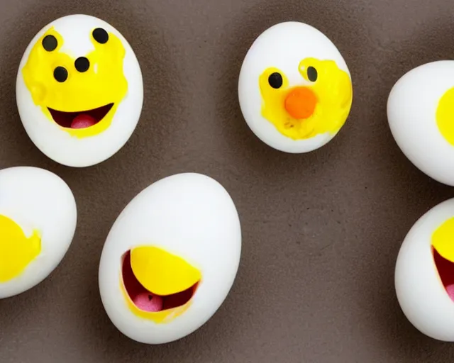 Image similar to eggs with happy faces on them. they have arms and legs made of twigs. yolk is pouring out of their snout. they had a hearty laugh. boogers are coming out of their noise.