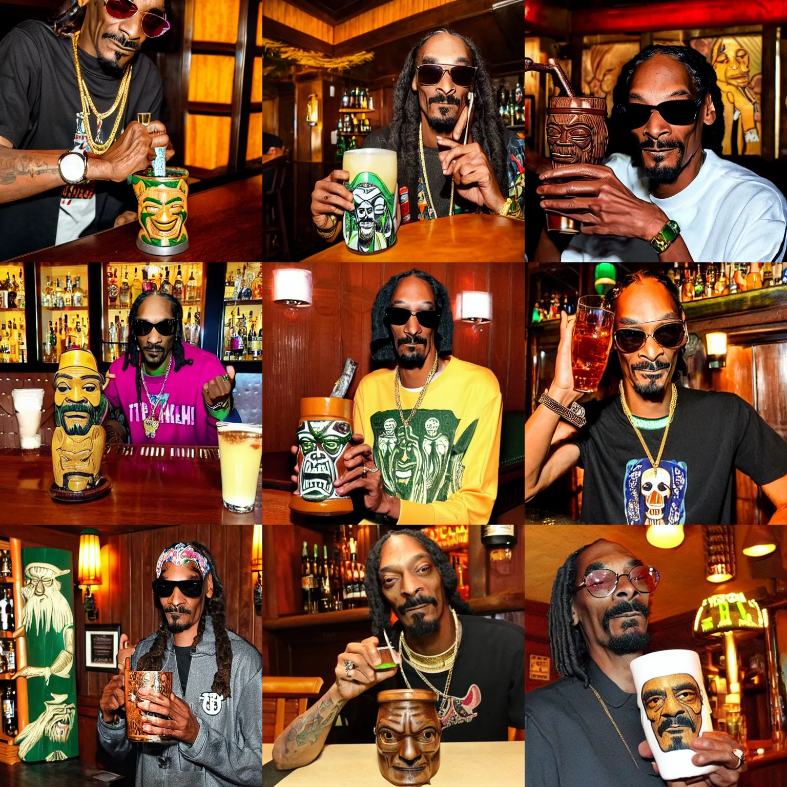 Image similar to snoop dogg at trader vic's bar holding a tiki mug with his face on it