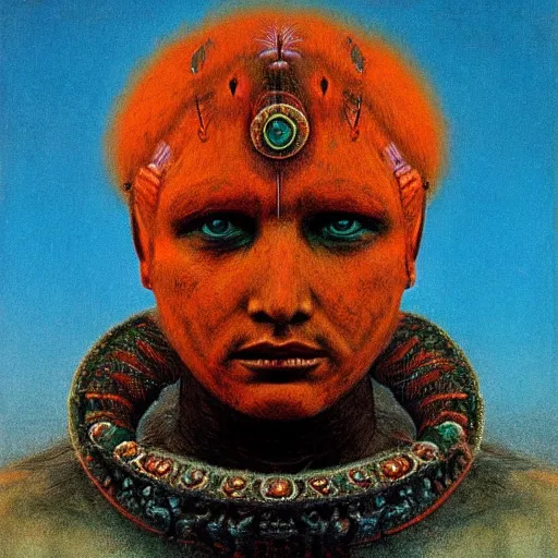 Image similar to symmetric portrait of indigenous warrior, turquoise and orange hair. realistic. high detail.by zdzisław beksiński