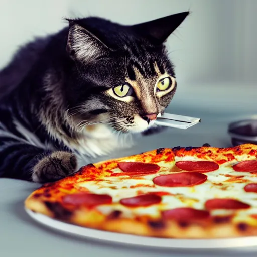 Prompt: a cat eating pizza, realistic, animal, 4 k, ultra hd