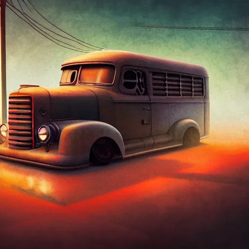 Image similar to retro futuristic vintage truck, atmospheric lighting, painted, intricate, volumetric lighting, beautiful, daytime, sunny weather, slight overcast, sharp focus, deep colours, ultra detailed, by leesha hannigan, ross tran, thierry doizon, kai carpenter, ignacio fernandez rios