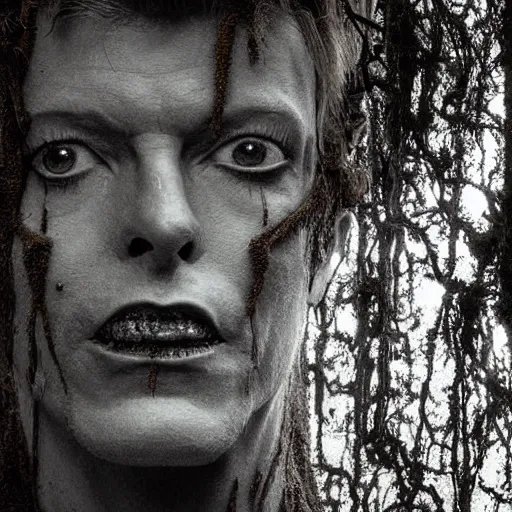 Prompt: Award-winning photograph by Mar Mann. The photo depicts a gigantic decaying roman bust of David Bowie overgrown with moss at the middle of a rainforest. Minimalism, high definition, perfect composition. Very dark. Volumetric Lighting. Darkness. Ruins