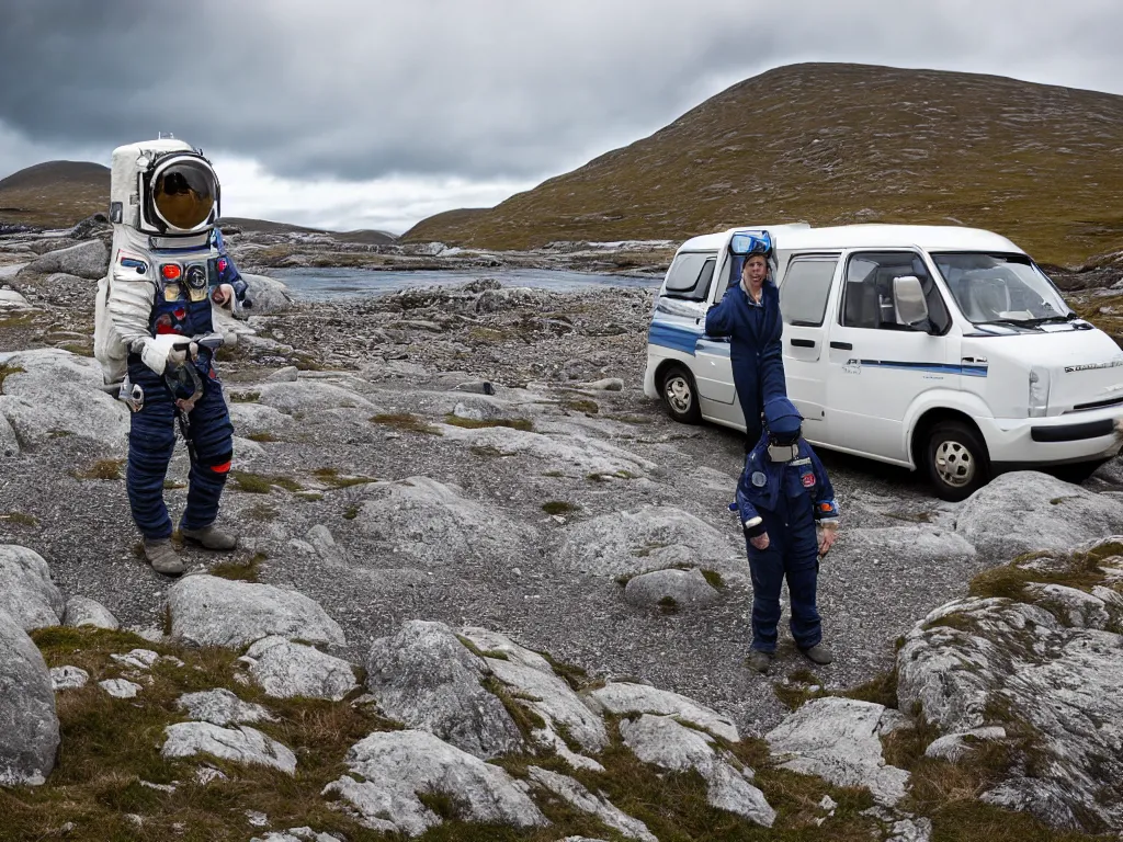 Image similar to tourist astronaut standing in the Isle of Harris, Scotland, a campervan in the background, rocks, hills, remote, 35 mm lens, photorealistic