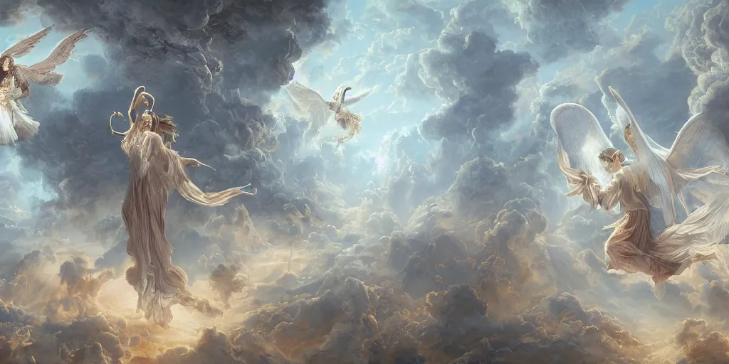 Prompt: breathtaking detailed concept art painting of angels in heaven, holy, ornate background, by hsiao - ron cheng, extremely moody lighting, 8 k