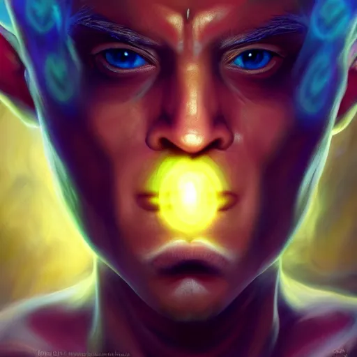 Image similar to all powerful genie, a god, god, ecstatic, infinite power, manic, perfect eyes, full body shot, magical being, magic, portrait, noble, transformation, vivid colors, elegant, concept art, sharp focus, digital art, Hyper-realistic, 4K, Unreal Engine, Highly Detailed, HD, Dramatic Lighting by Brom, trending on Artstation