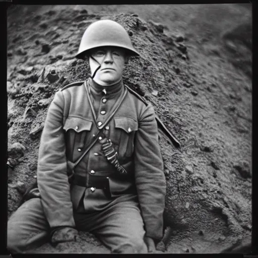 Prompt: hank schrader as a soldier, ww1 trench, war photo, film grain