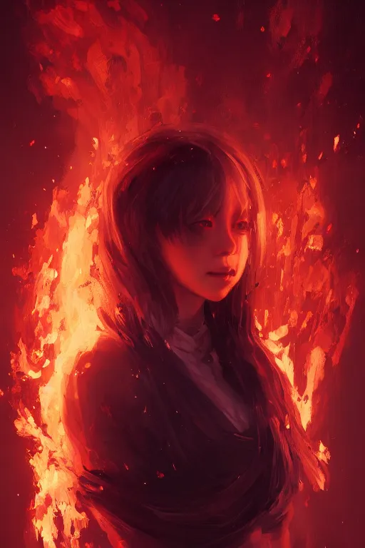 Image similar to a fancy portrait of a young Demon girl covered in flames by Greg Rutkowski, Sung Choi, Mitchell Mohrhauser, Maciej Kuciara, Johnson Ting, Maxim Verehin, Peter Konig, final fantasy , 8k photorealistic, cinematic lighting, HD, high details, atmospheric , trending on artstation