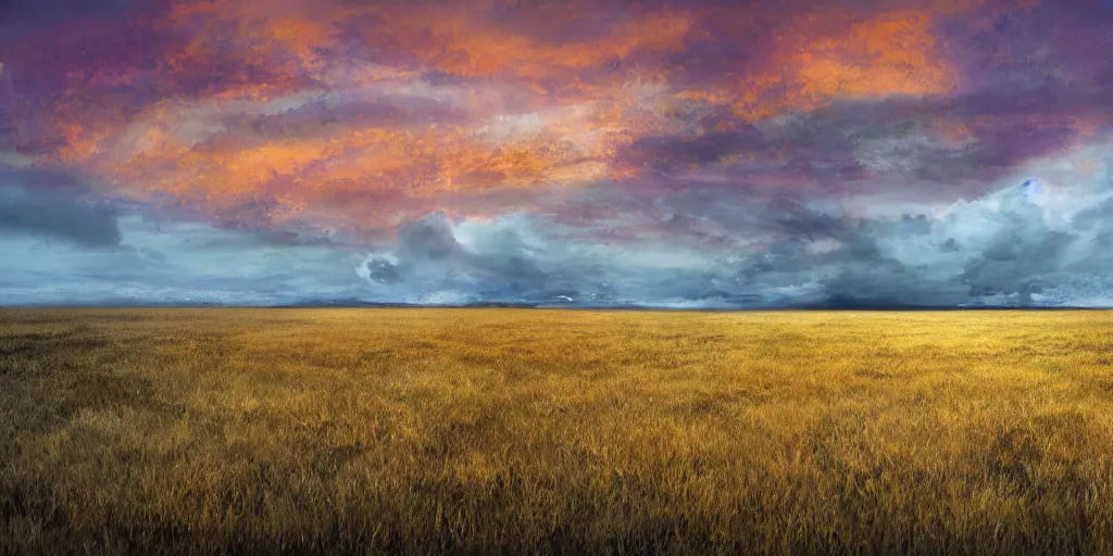 Prompt: empty grass land for miles in every direction s small walks in the distance on the horizon swirling storm clouds in the distant sky at beautiful sunset giant ice mountains can be seen in the far background, rule of thirds, hyper detailed, digital art, thick swirling brush strokes, insane complexity, trending on artstation, red and yellow, epic, beautiful