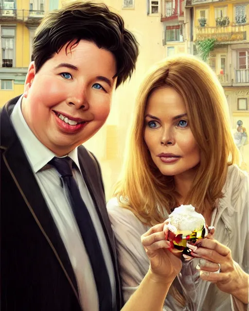 Image similar to Portrait of Michael Mcintyre & a blonde Barbara Bach from the bond film eating ice creams in Porto,real life skin, intricate, elegant, highly detailed, artstation, concept art, smooth, sharp focus, art by artgerm and greg rutkowski and alphonse mucha