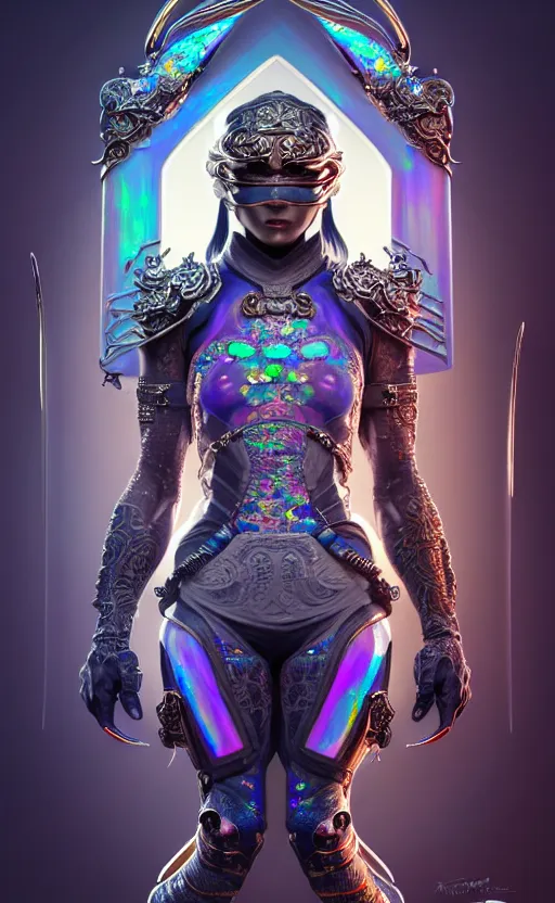 Image similar to iridescent opal cyborg ninja warrior, intricate ornate details, morandi color scheme, hd, illustration, epic, d & d, fantasy, intricate, elegant, highly detailed, wide angle, digital painting, artstation, concept art, smooth, sharp focus, illustration, wallpaper, art by artgerm and greg rutkowski and alphonse mucha and jin xiaodi