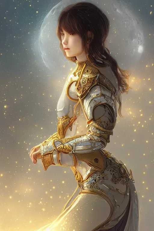 Image similar to portrait knights of Zodiac girl, white color reflected armor, in ruined Agora of Athens moon night and firefly and star sparkles, ssci-fi, fantasy, intricate, very very beautiful, elegant, golden light, highly detailed, digital painting, artstation, concept art, smooth, sharp focus, illustration, art by tian zi and WLOP and alphonse mucha