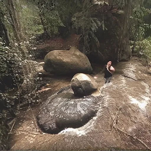 Image similar to cctv footage trail cam of dwayne the rock johnson and floating toilet
