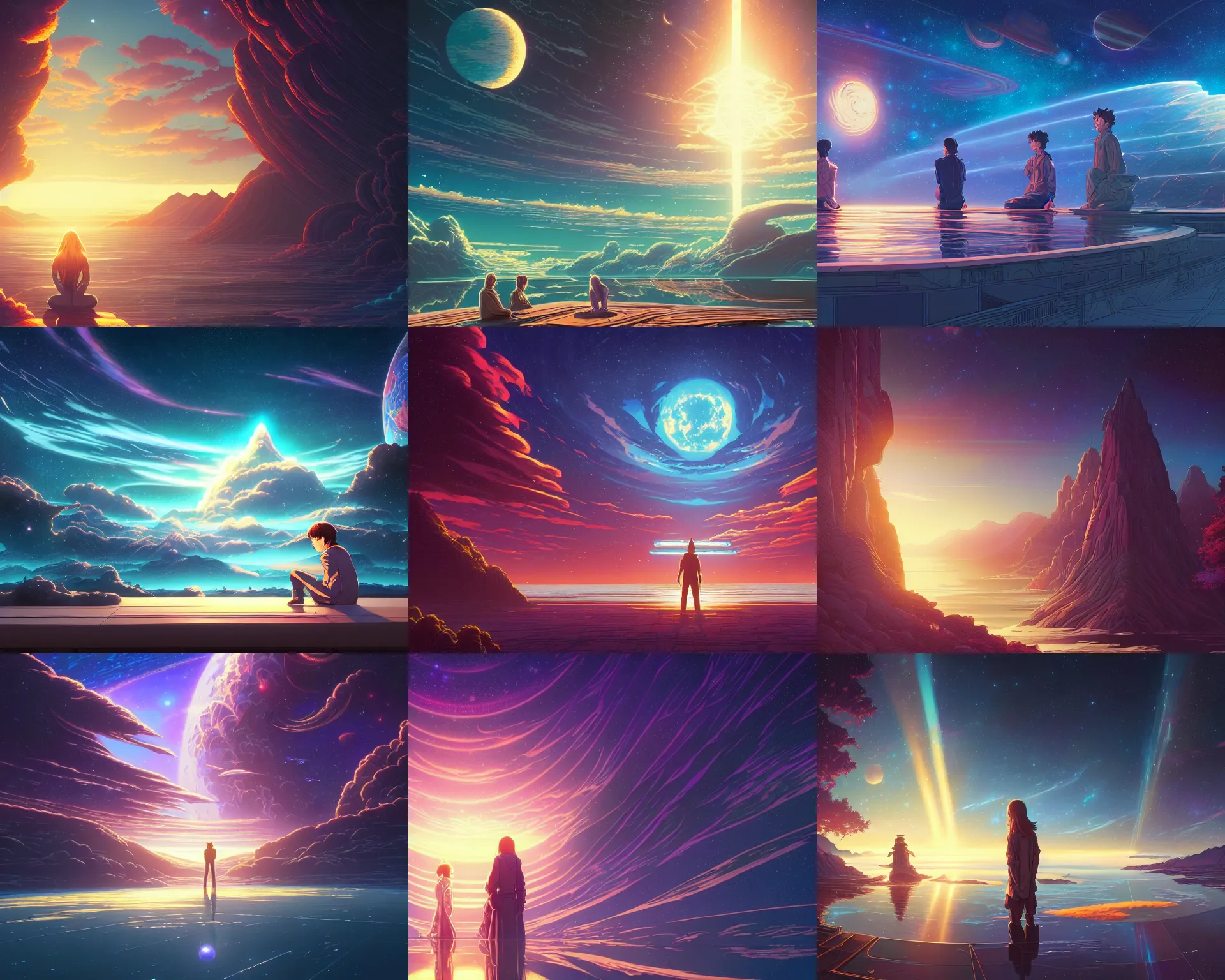 Prompt: a beautiful space for serenity. by dan mumford, yusuke murata, makoto shinkai, ross tran, cosmic, heavenly, god rays, intricate detail, cinematic, cel shaded, unreal engine, featured on artstation, pixiv