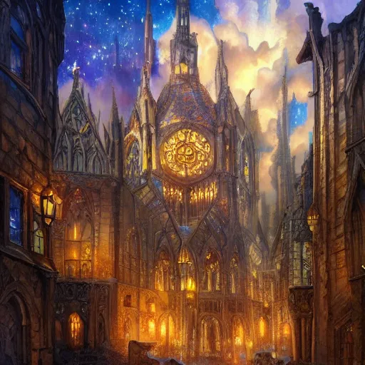 Prompt: a painting of a old gothic city with stained glass, mosaic, epic, stars, shining and shadows, dreamy, by ross tran and tyler edlin and john howe and dan mumford, well composed, cohesive, wide angle, trending on artstation