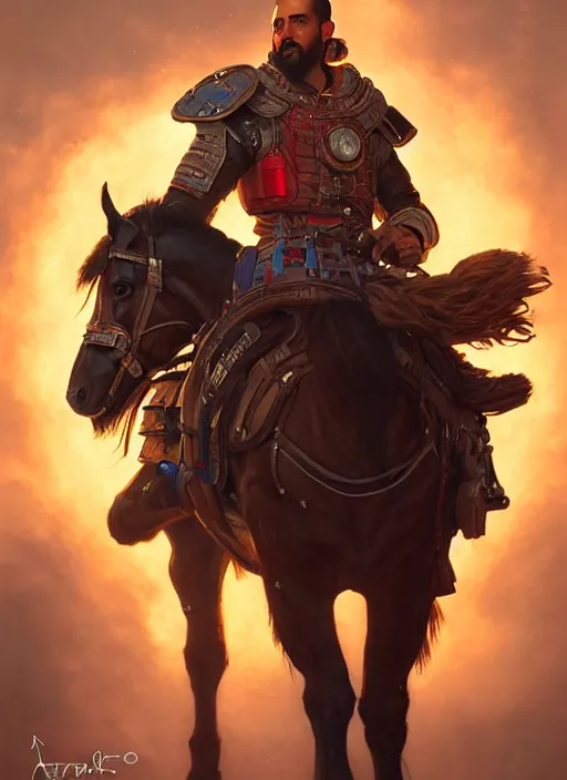 Prompt: portrait of apex legends francisco pizarro mounting a badass horse, intricate, elegant, glowing lights, highly detailed, digital painting, artstation, glamor pose, concept art, smooth, sharp focus, illustration, art by artgerm and greg rutkowski, artey freytag