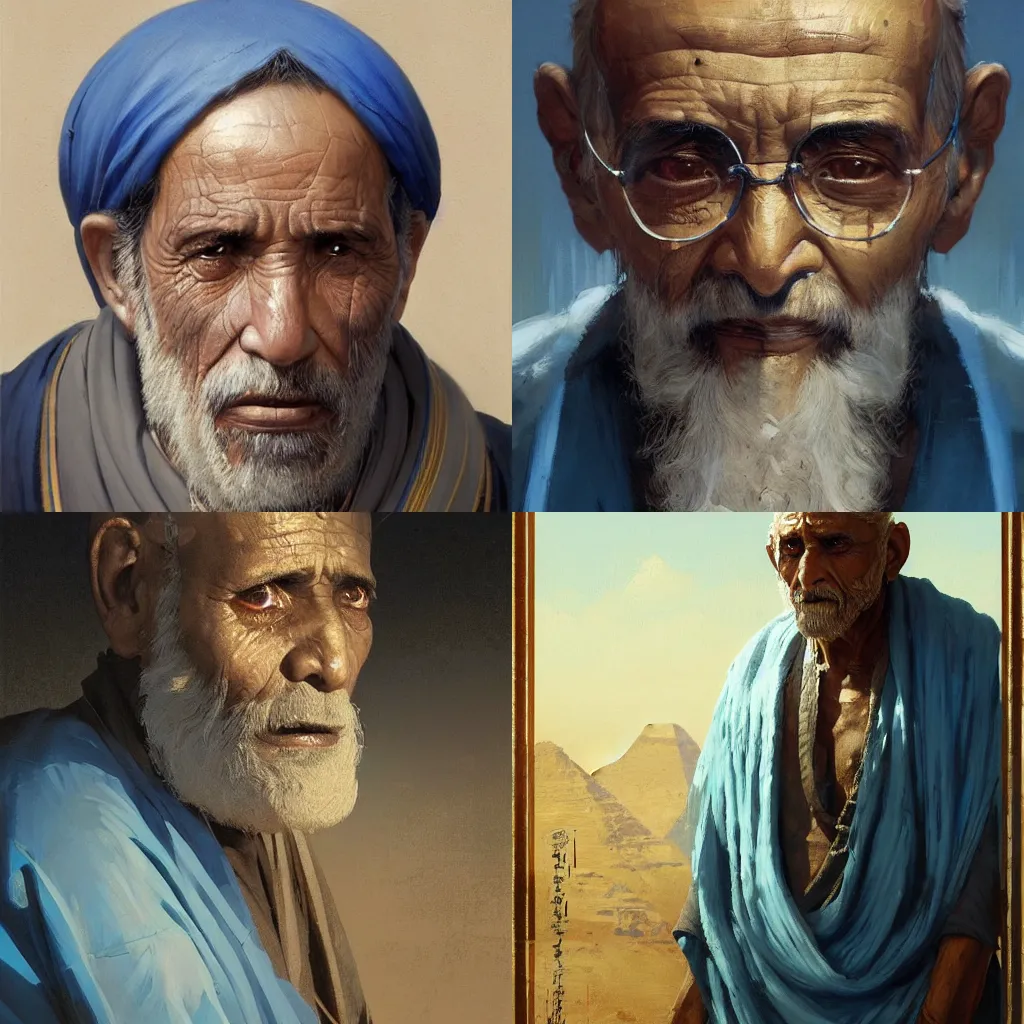 Prompt: masterpiece painting of a portrait of a egyptian old man, blind and with dreaded gray hair wearing blue and black kimono featured in artstation, concept art by Greg Rutkowski, WLOP, Dan Mumford, Christophe Vacher