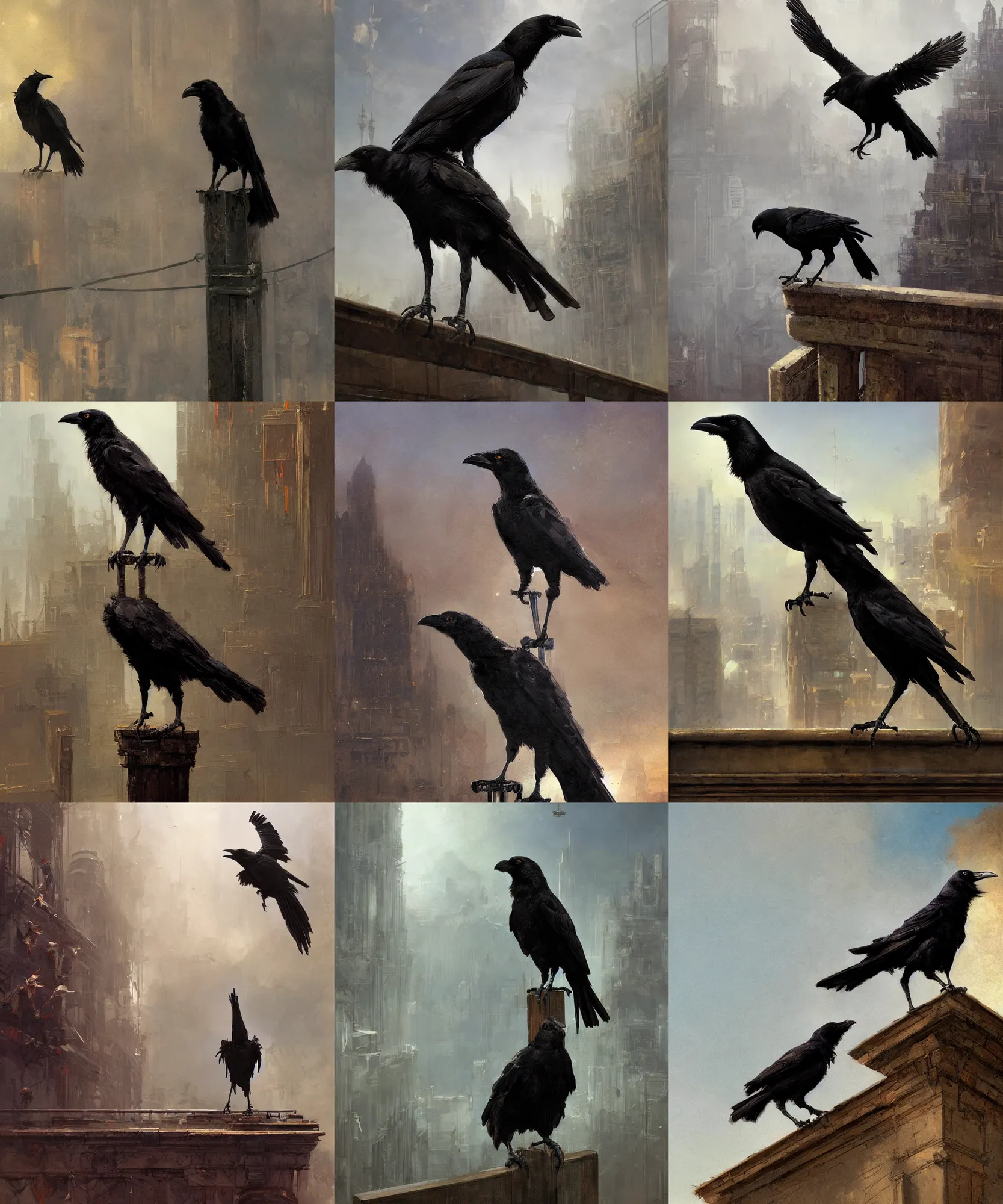 Prompt: digital art painting of a crow staring at you, standing on a metal railing on top of a building painted by craig mullins and gaston bussiere and greg rutkowski, symmetrical facial features, defined facial features, dramatic lighting