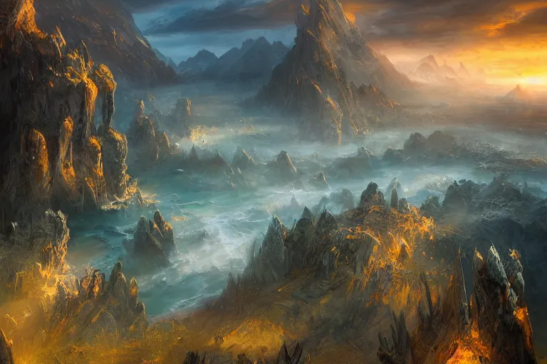 Image similar to high aerial shot, fantasy landscape, sunset lighting ominous shadows, cinematic fantasy painting, dungeons and dragons, coastline of fishing villages by jessica rossier and brian froud