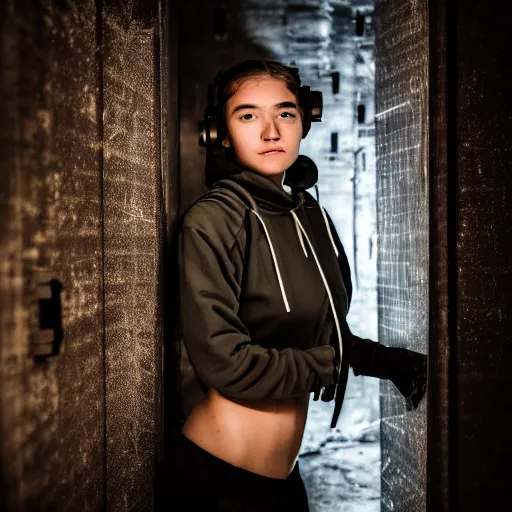 Prompt: photograph of a techwear mixed young woman inside a hidden busy speakeasy, closeup, brutalist design, sigma 85mm f/1.4, 4k, depth of field, high resolution, 4k, 8k, hd, full color